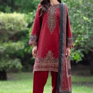 3 Pcs Women's Unstitched Embroidered Lawn Red Suit