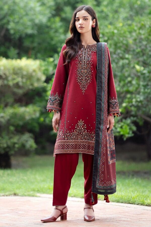 3 Pcs Women's Unstitched Embroidered Lawn Red Suit