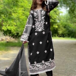 Women's Stitched 3-Piece Embroidered Organza Suit – Black, Red & Blue