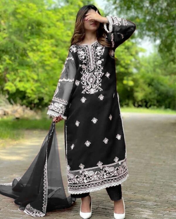 Women's Stitched 3-Piece Embroidered Organza Suit – Black, Red & Blue