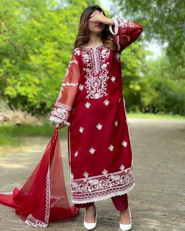 Women's Stitched 3-Piece Embroidered Organza Suit – Black, Red & Blue - Image 3