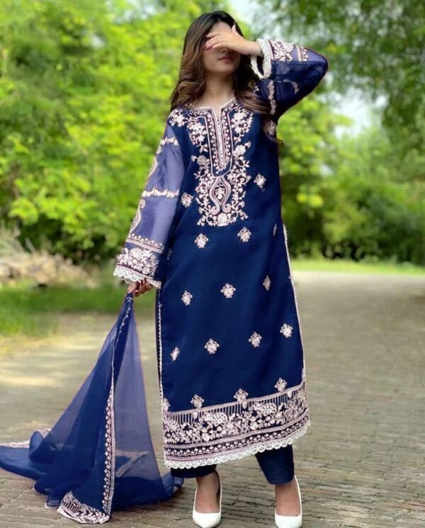 Women's Stitched 3-Piece Embroidered Organza Suit – Black, Red & Blue - Image 2
