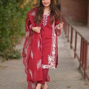 3 Pcs Women's Stitched Organza Ari Work Red Suit