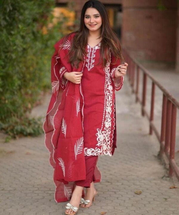 3 Pcs Women's Stitched Organza Ari Work Red Suit