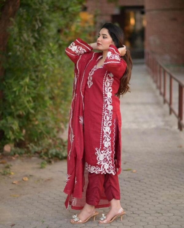 3 Pcs Women's Stitched Organza Ari Work Red Suit - Image 2