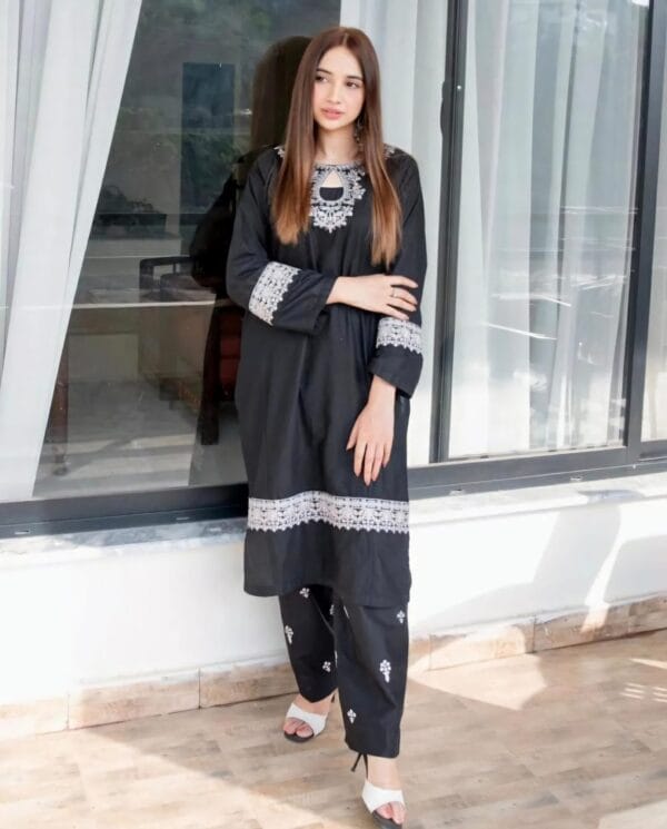 2 Pcs Women's Stitched Arabic Lawn Embroidered Black Suit - Image 4