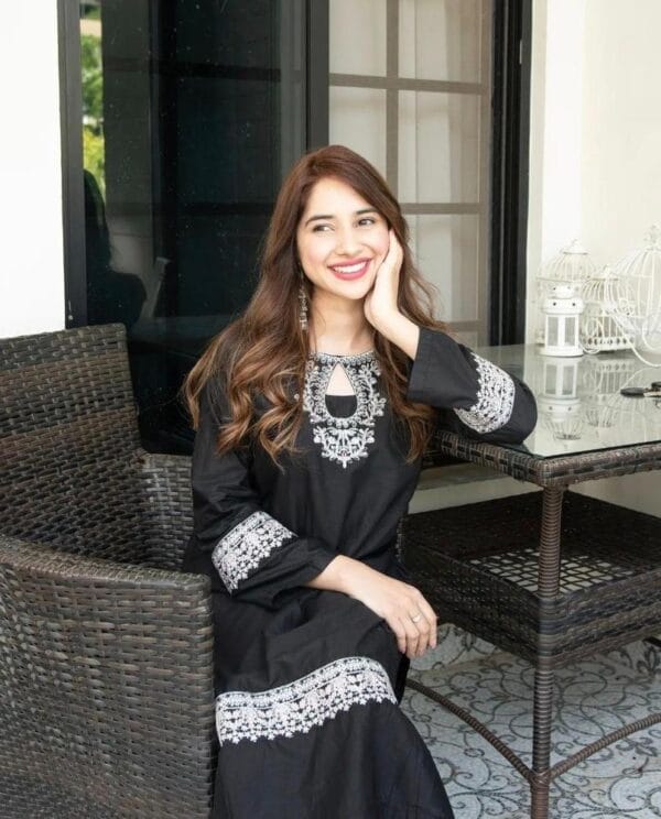 2 Pcs Women's Stitched Arabic Lawn Embroidered Black Suit - Image 3