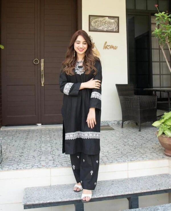 2 Pcs Women's Stitched Arabic Lawn Embroidered Black Suit - Image 2
