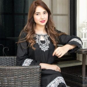 2 Pcs Women's Stitched Arabic Lawn Embroidered Black Suit