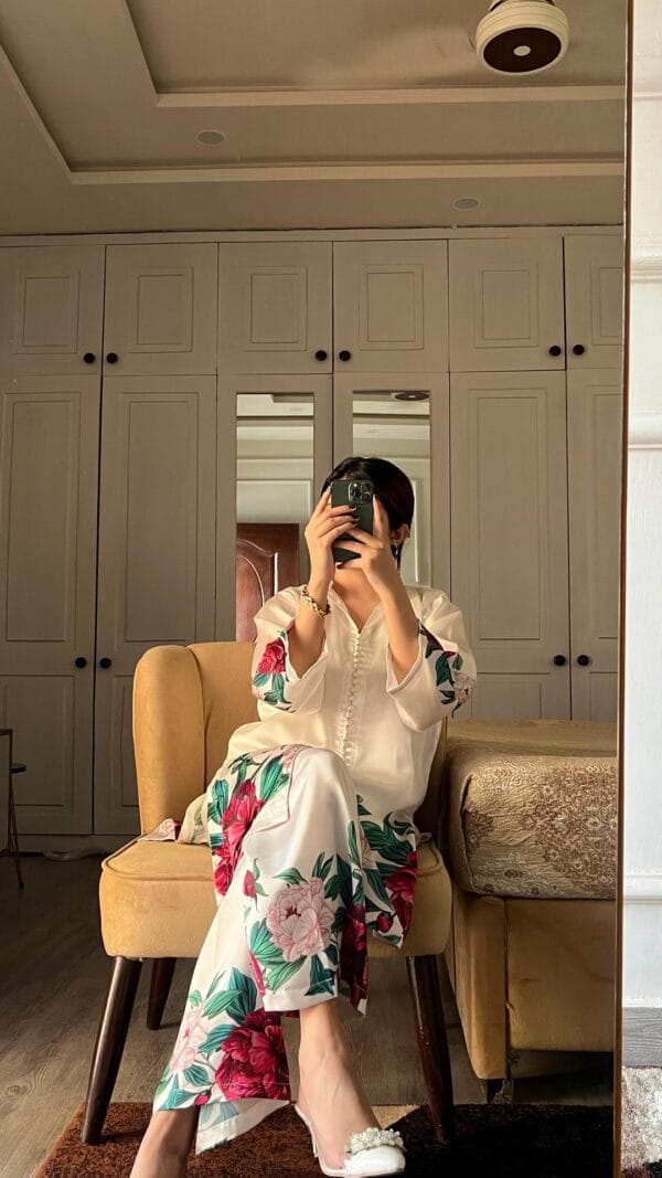 2 Pcs Women's Stitched Shirt And Trouser Set - Printed Silk Off White - Image 5