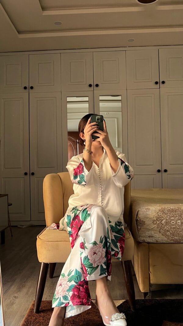 2 Pcs Women's Stitched Shirt And Trouser Set - Printed Silk Off White - Image 3