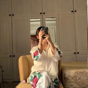 2 Pcs Women's Stitched Shirt And Trouser Set - Printed Silk Off White