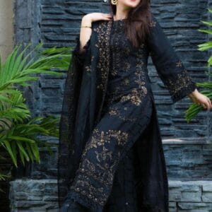 3 Pcs Women's Unstitched Embroidered Black Suit