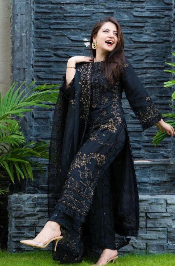 3 Pcs Women's Unstitched Embroidered Black Suit