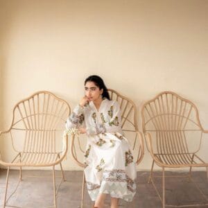 3 Pcs Women's Stitched Katan Silk Block Printed White Maxi Suit