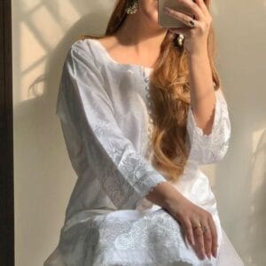 2-Piece Women's Stitched Linen Chikankari Embroidered Suit - White, Black