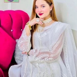 3 Pcs Women's Stitched Organza Embroidered White Suit