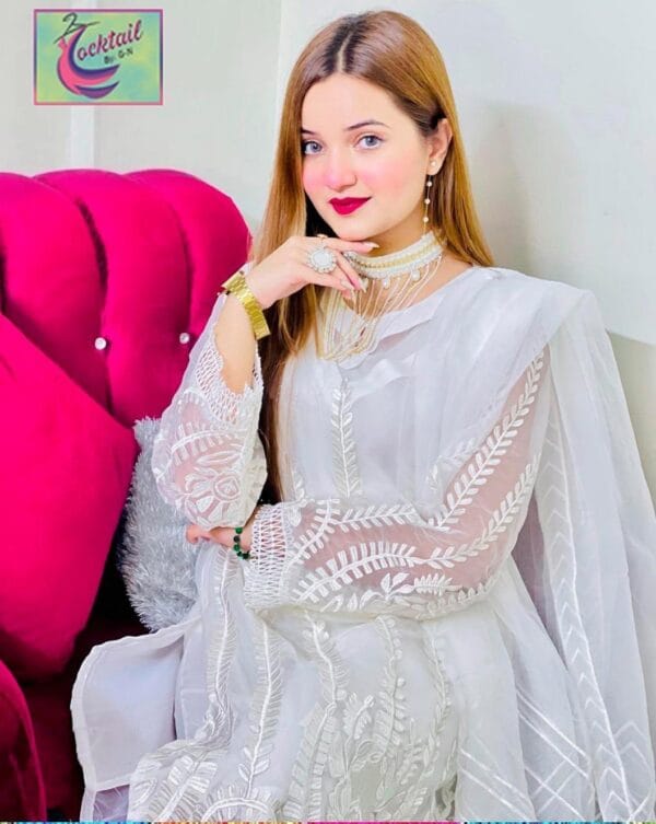 3 Pcs Women's Stitched Organza Embroidered White Suit