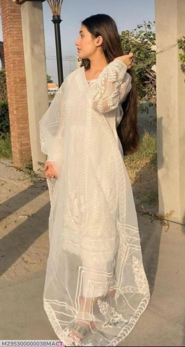 3 Pcs Women's Stitched Organza Embroidered White Suit - Image 2