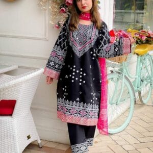 3 Pcs Women's Stitched Katan Silk Printed Suit – Red & Black