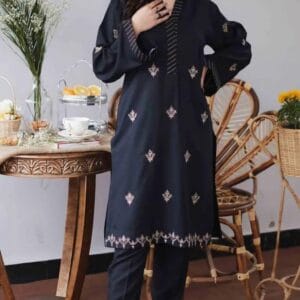 3 Pcs Women's Unstitched Lawn Embroidered Black Suit