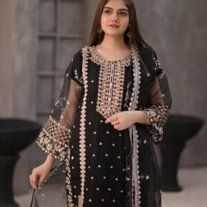 Elegant Women's 3-Piece Embroidered Suit – Organza & Katan Silk | Multiple Colors
