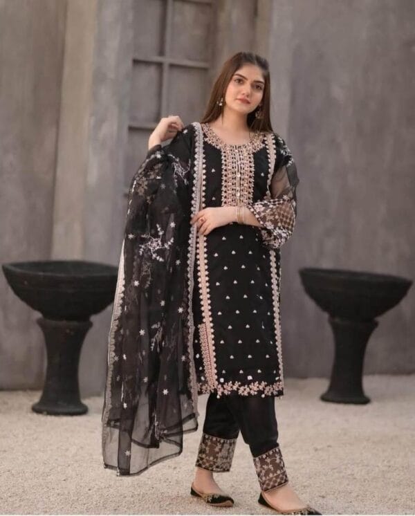 Elegant Women's 3-Piece Embroidered Suit – Organza & Katan Silk | Multiple Colors - Image 2