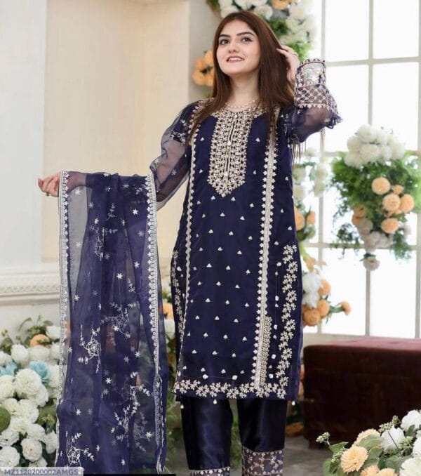 Elegant Women's 3-Piece Embroidered Suit – Organza & Katan Silk | Multiple Colors - Image 7