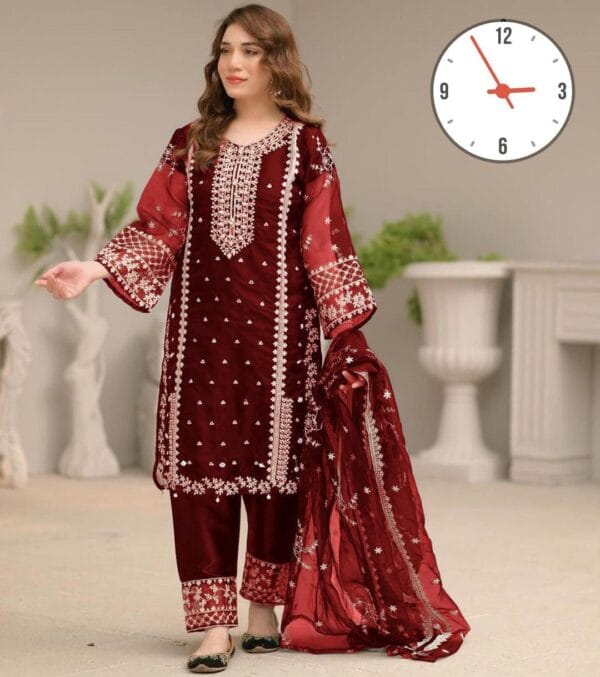 Elegant Women's 3-Piece Embroidered Suit – Organza & Katan Silk | Multiple Colors - Image 11
