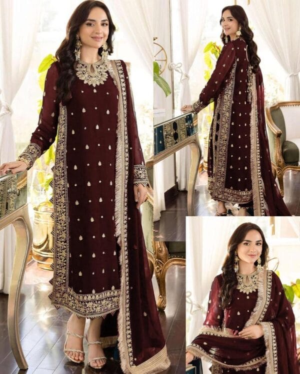 3 Pcs Women’s Stitched Crinkle Chiffon Embroidered Suit – Black, Blue, Green, Maroon - Image 3