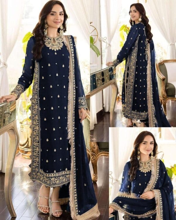 3 Pcs Women’s Stitched Crinkle Chiffon Embroidered Suit – Black, Blue, Green, Maroon - Image 2