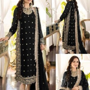 3 Pcs Women’s Stitched Crinkle Chiffon Embroidered Suit – Black, Blue, Green, Maroon