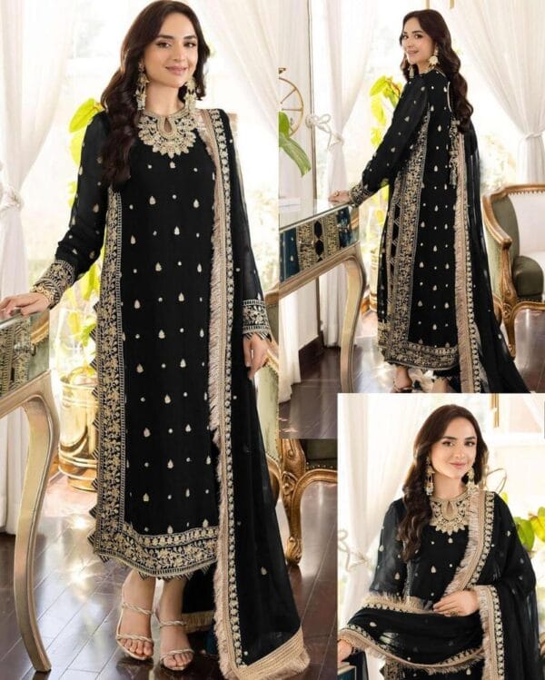 3 Pcs Women’s Stitched Crinkle Chiffon Embroidered Suit – Black, Blue, Green, Maroon