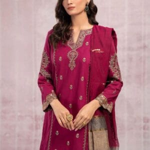 3 Pcs Women's Unstitched Embroidered Suit - Maroon & Blue