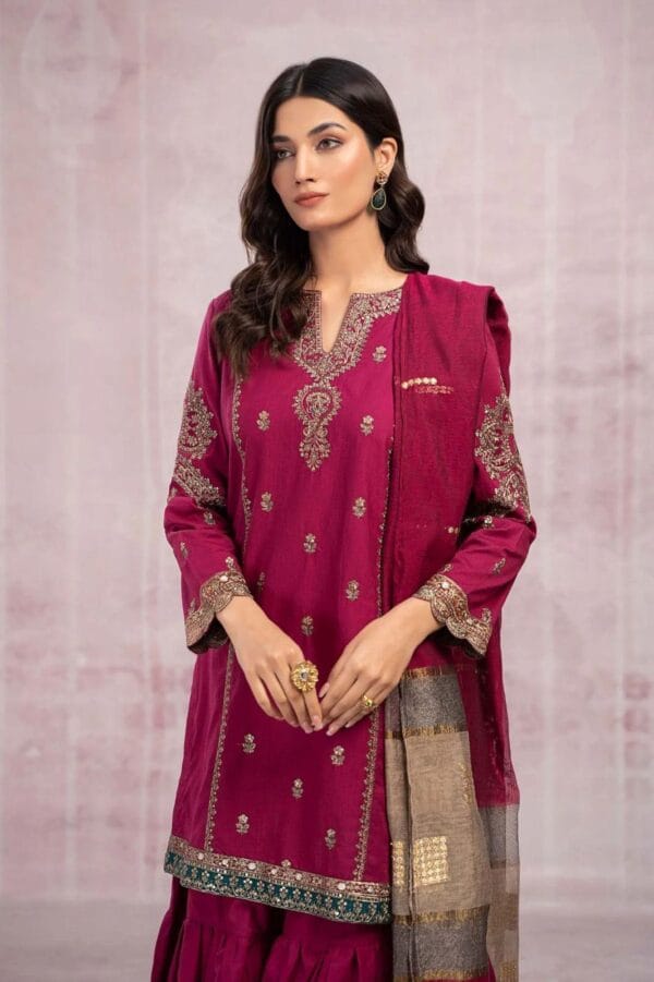3 Pcs Women's Unstitched Embroidered Suit - Maroon & Blue