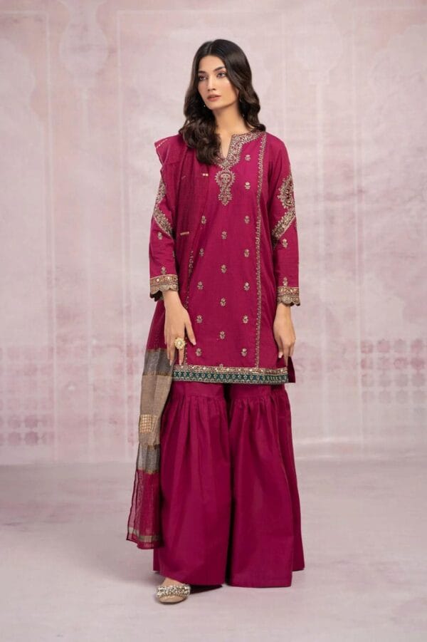 3 Pcs Women's Unstitched Embroidered Suit - Maroon & Blue - Image 2