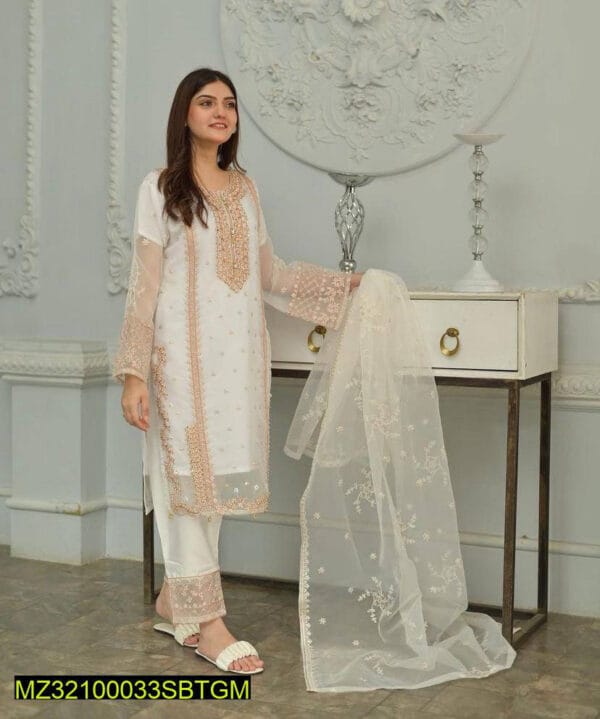 Elegant Women's 3-Piece Embroidered Suit – Organza & Katan Silk | Multiple Colors - Image 4