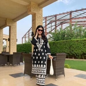 2 Pcs Women's Stitched Linen Chikankari Embroidered Black Suit