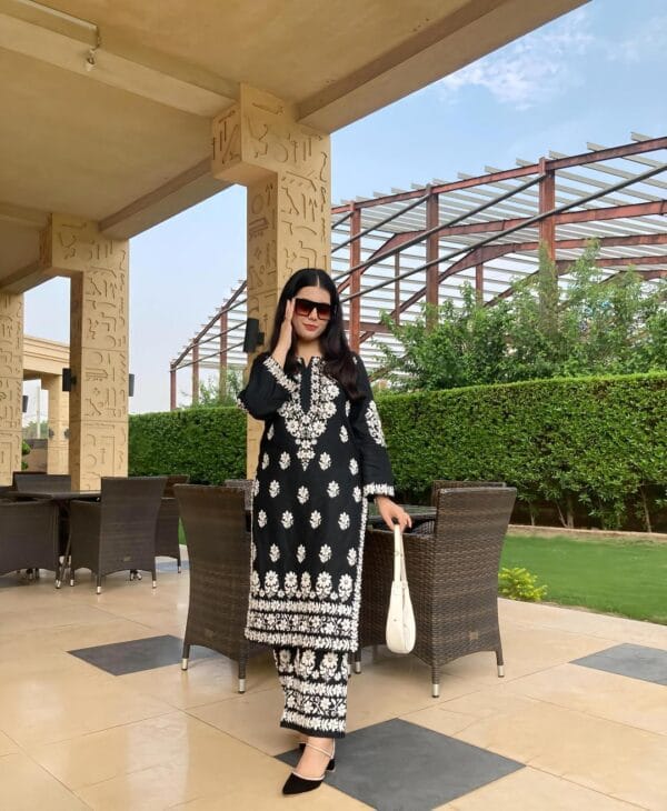 2 Pcs Women's Stitched Linen Chikankari Embroidered Black Suit