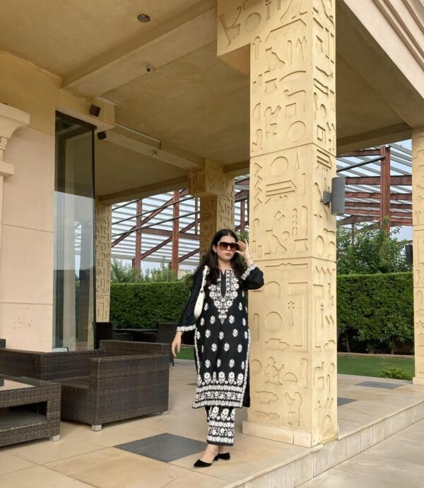 2 Pcs Women's Stitched Linen Chikankari Embroidered Black Suit - Image 2