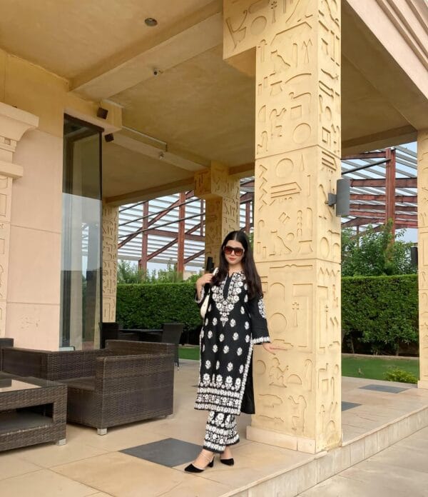 2 Pcs Women's Stitched Linen Chikankari Embroidered Black Suit - Image 3