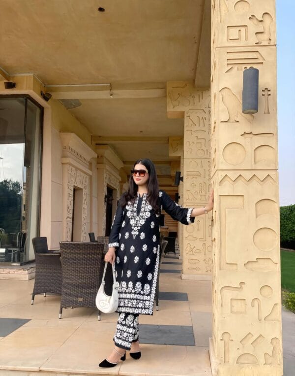 2 Pcs Women's Stitched Linen Chikankari Embroidered Black Suit - Image 4