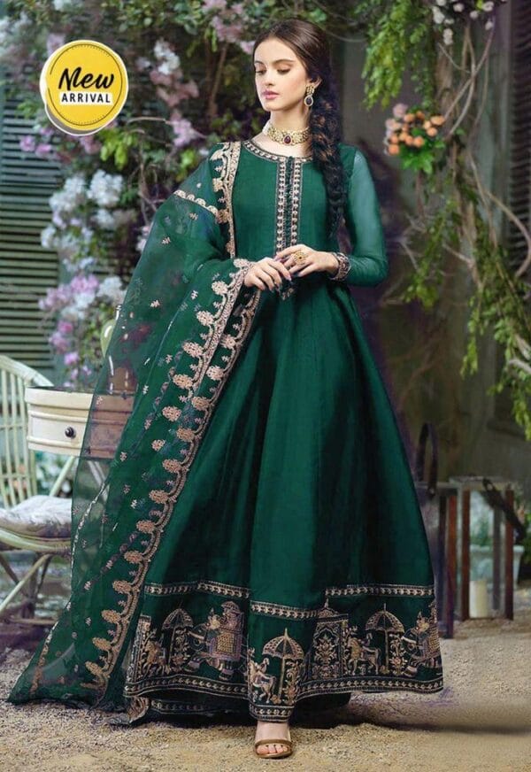 3 Pcs Women's Stitched Chiffon Embroidered Suit – Blue & Green - Image 2