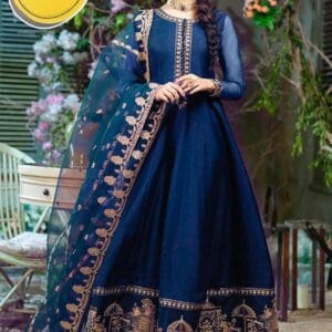 3 Pcs Women's Stitched Chiffon Embroidered Suit – Blue & Green