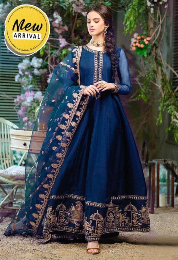 3 Pcs Women's Stitched Chiffon Embroidered Suit – Blue & Green