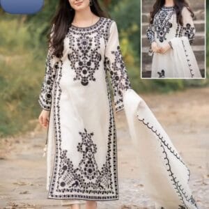 3 Pcs Women's Stitched Organza Embroidered White Suit