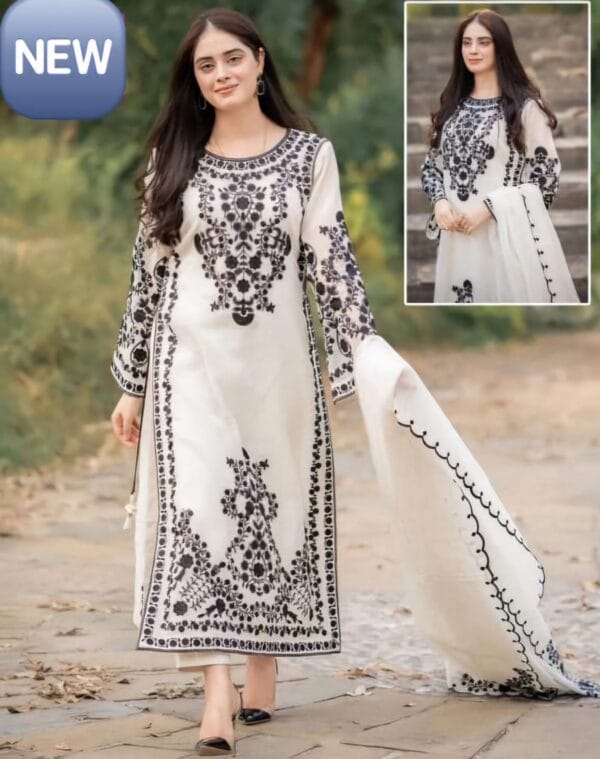 3 Pcs Women's Stitched Organza Embroidered White Suit