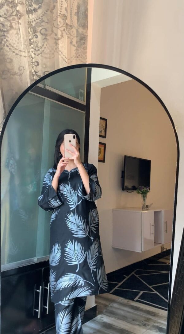2-Pcs Women's Stitched Linen Printed Suit - White,Black, Blue - Image 4