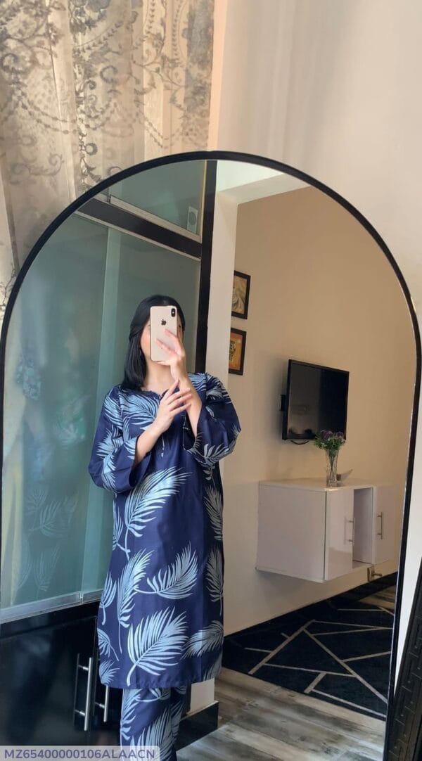 2-Pcs Women's Stitched Linen Printed Suit - White,Black, Blue - Image 7