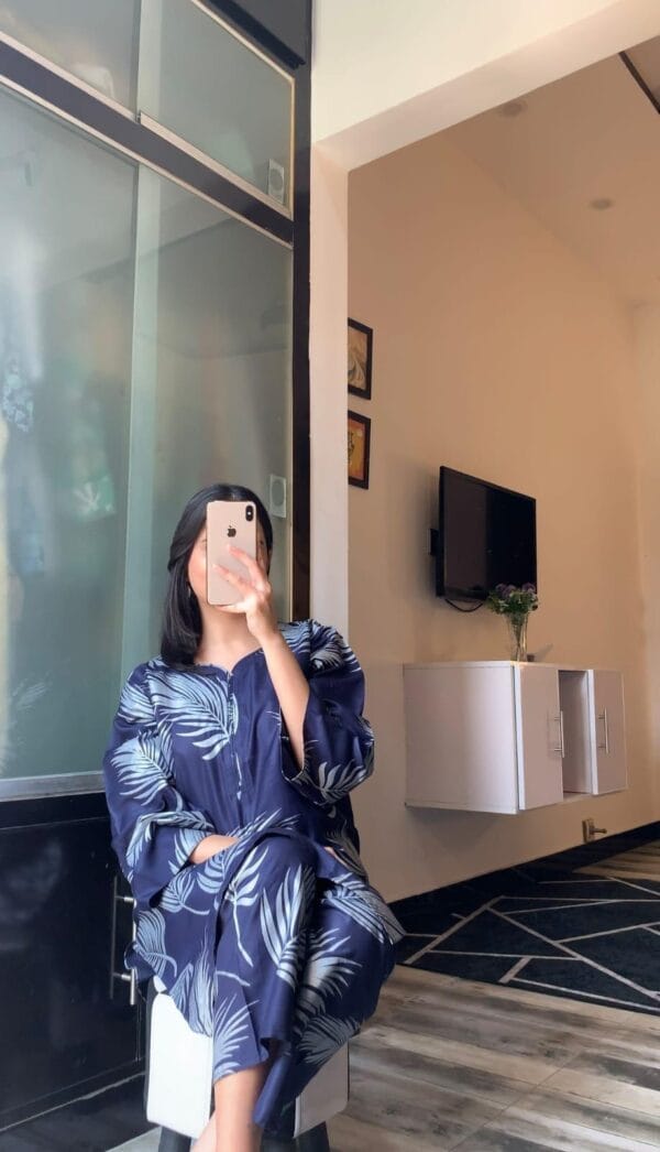 2-Pcs Women's Stitched Linen Printed Suit - White,Black, Blue - Image 9